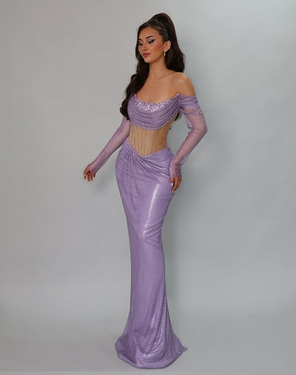 Off the Shoulde Purple Long Sleeve Mermaid Sheer Sequins Prom Dress