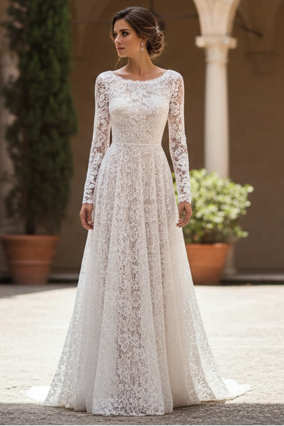 Vintage Floral Boho Lace Wedding Dress with Sleeves