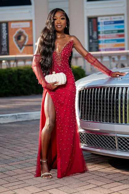 Vintage Red V-Neck Strapless Mermaid Prom Dress