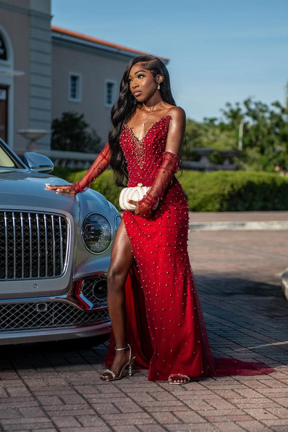 Vintage Red V-Neck Strapless Mermaid Prom Dress