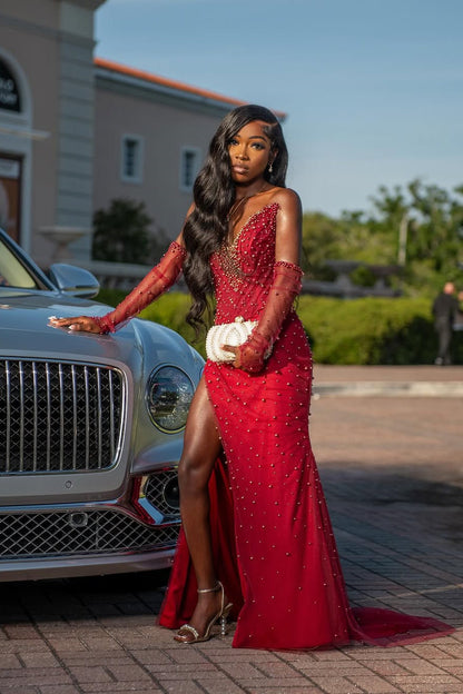 Vintage Red V-Neck Strapless Mermaid Prom Dress