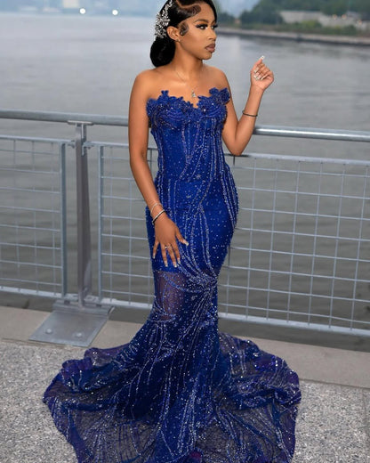 Strapless Royal Blue Mermaid Prom Dresses Long With Beadings
