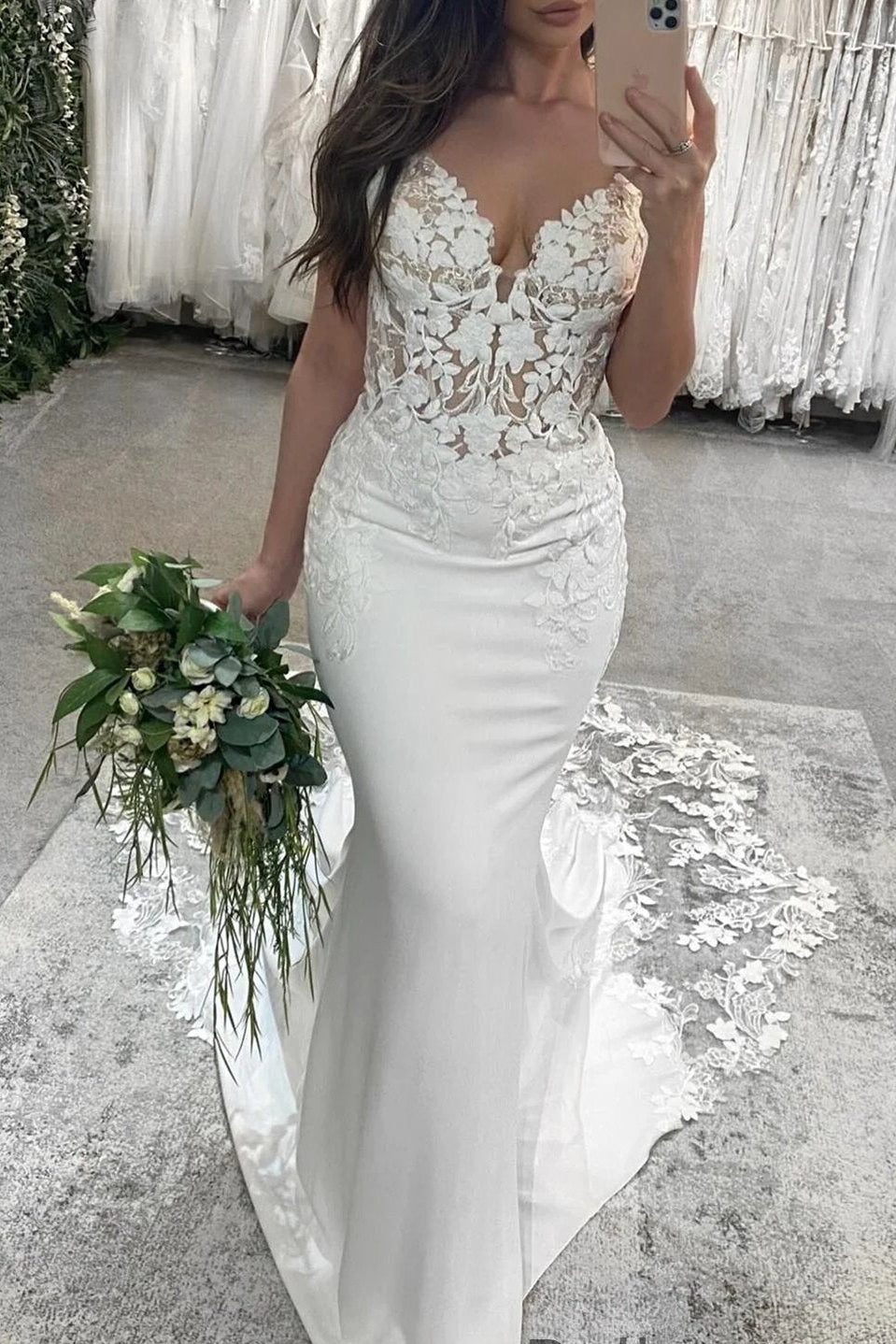 Spaghetti Straps Sleeveless Mermaid Bridal Gowns with Lace