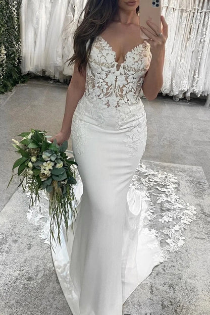 Spaghetti Straps Sleeveless Mermaid Bridal Gowns with Lace