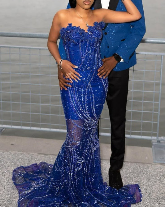 Strapless Royal Blue Mermaid Prom Dresses Long With Beadings