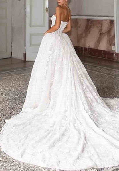 Lace Chapel Train Strapless Ball Gown Empire Covered Button Wedding Dresses