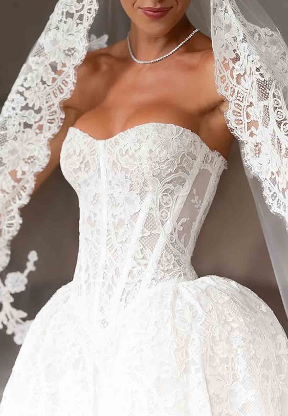 Lace Chapel Train Strapless Ball Gown Empire Covered Button Wedding Dresses