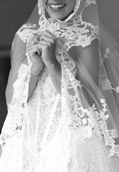 Lace Chapel Train Strapless Ball Gown Empire Covered Button Wedding Dresses