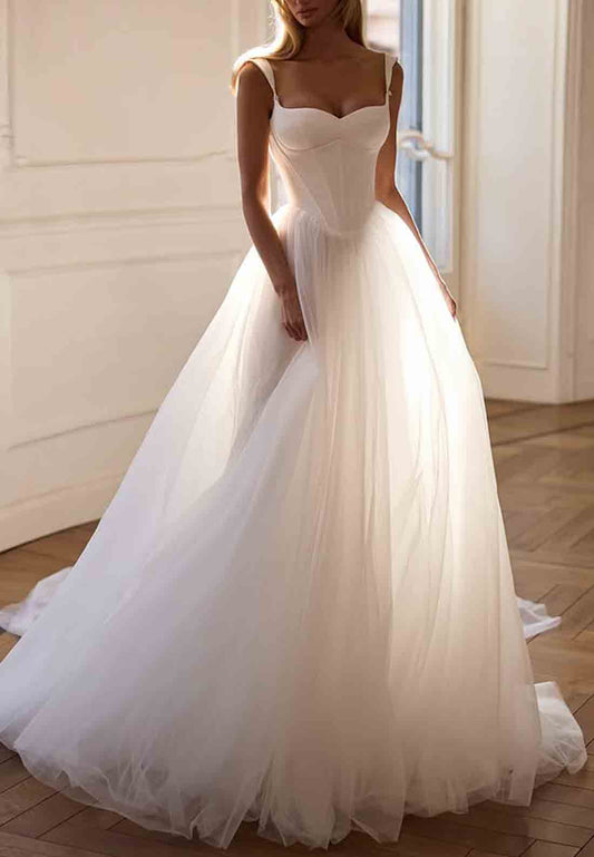 Tulle Empire Sweetheart Cap Straps Crisscross Back A-Line Court Train Wedding Dresses