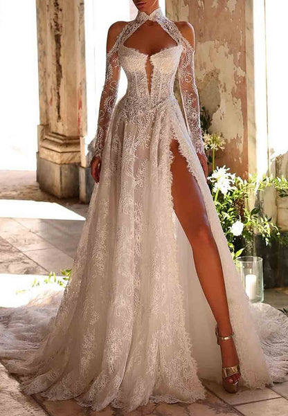 High Slit Off-Shoulder Lace Long Sleeves A-Line Court Train Empire Wedding Dresses
