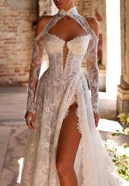 High Slit Off-Shoulder Lace Long Sleeves A-Line Court Train Empire Wedding Dresses