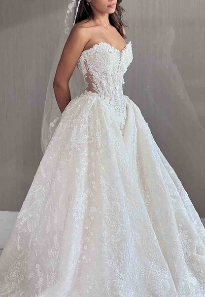 Appliqued Strapless Detachable Sweetheart A-Line Empire Court Train Wedding Dresses