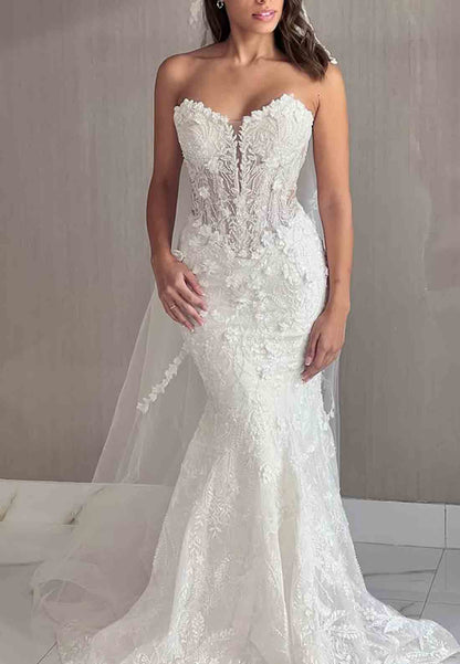 Appliqued Strapless Detachable Sweetheart A-Line Empire Court Train Wedding Dresses