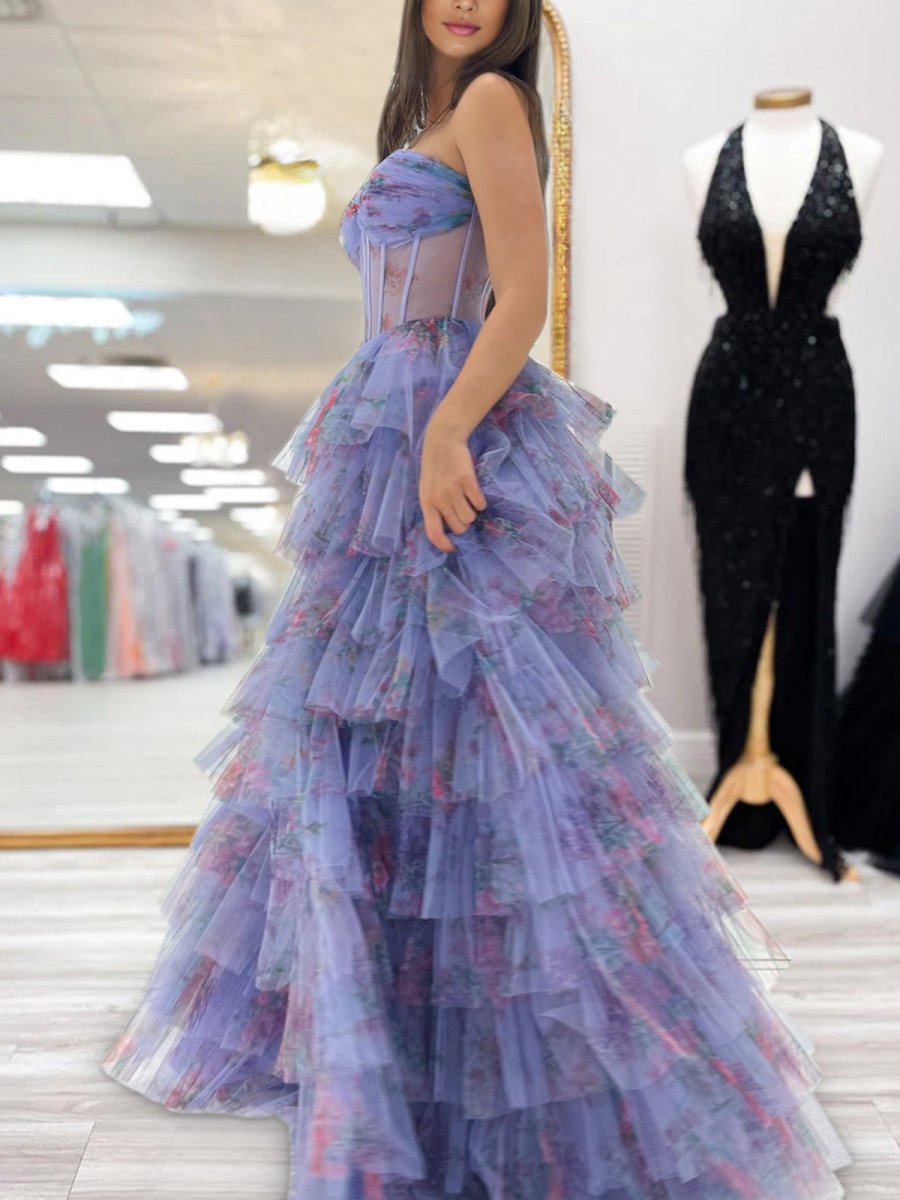Purple Strapless A Line Tulle Printed Ruffle Tiered Prom Dresses With Slit