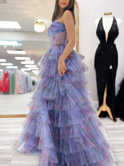 Purple Strapless A Line Tulle Printed Ruffle Tiered Prom Dresses With Slit