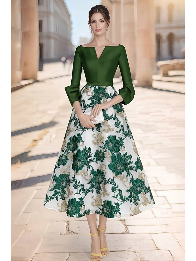 V-Neck Long Sleeve Flower Floral Print A-Line Ankle-Length Evening Dress