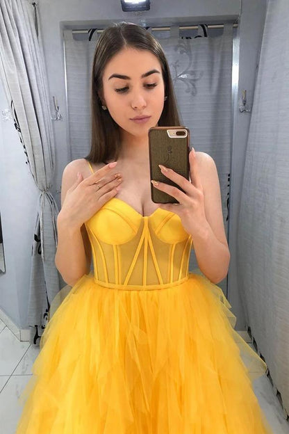 A Line Yellow Tulle Prom Dress Sleeveless Evening Gown