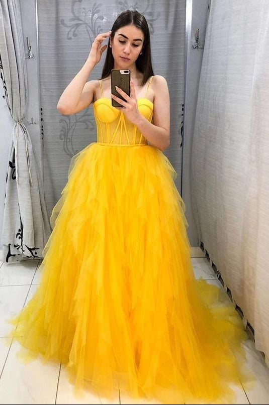 A Line Yellow Tulle Prom Dress Sleeveless Evening Gown