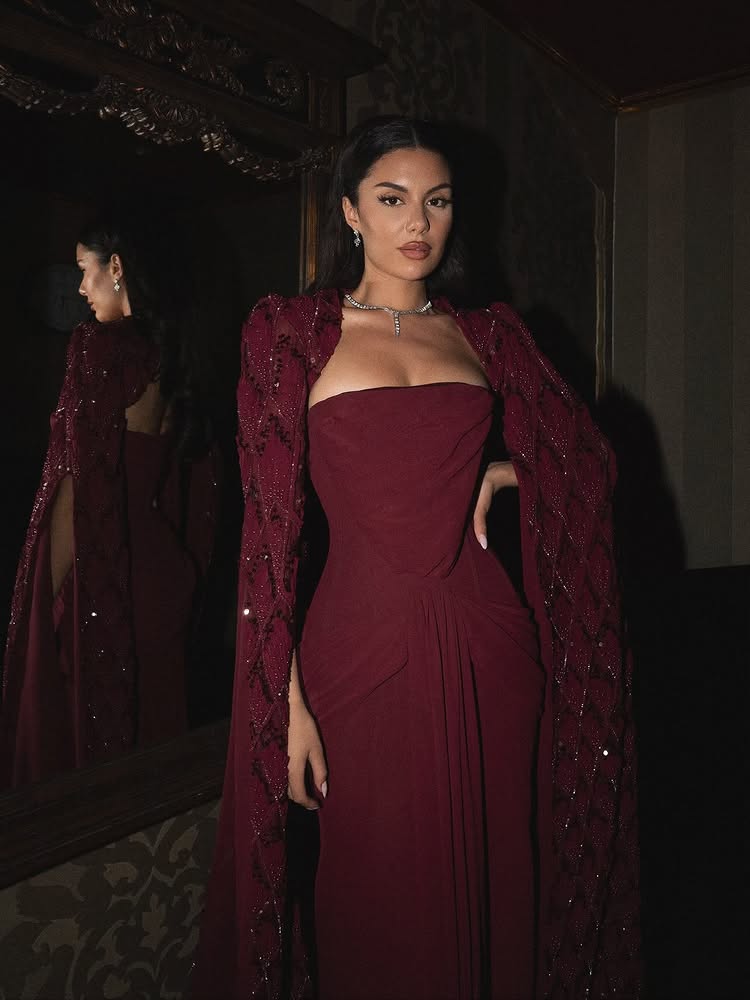 Red Cape Sleeve Sequins Sparkle Mermaid Evening Dress