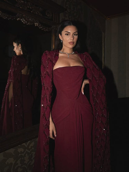 Red Cape Sleeve Sequins Sparkle Mermaid Evening Dress
