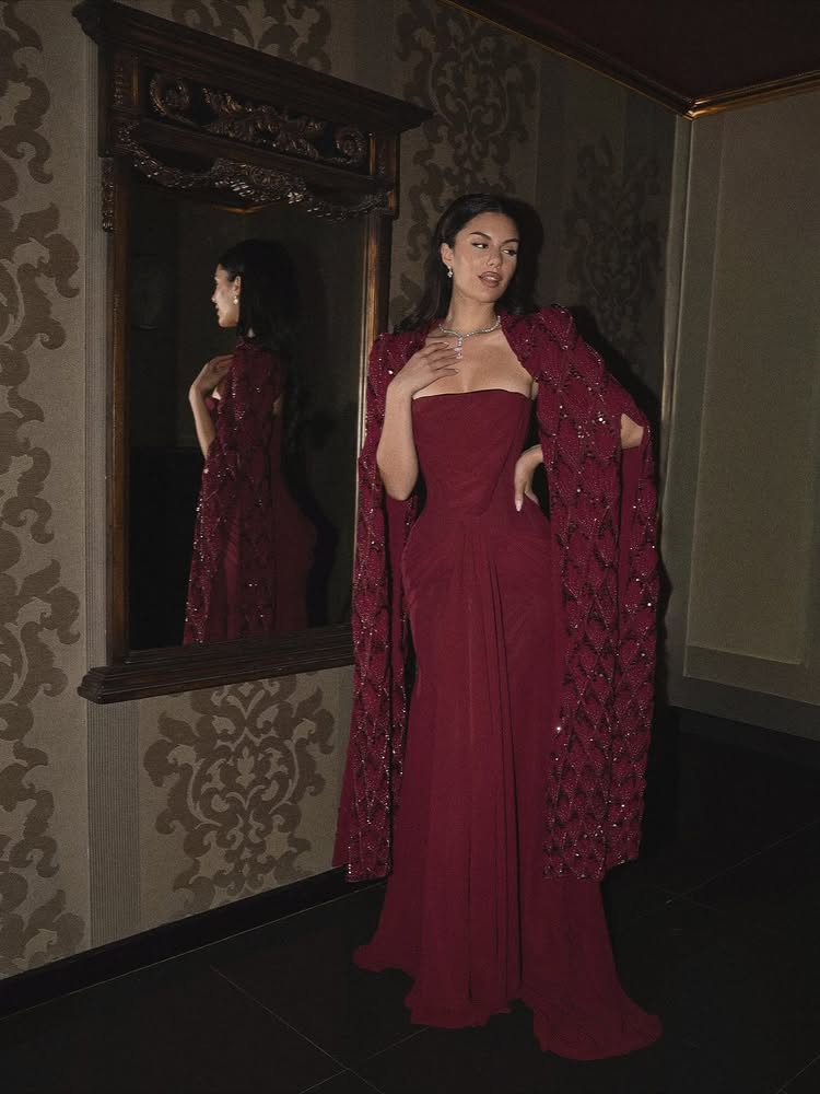 Red Cape Sleeve Sequins Sparkle Mermaid Evening Dress