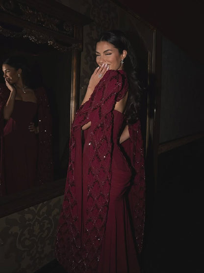 Red Cape Sleeve Sequins Sparkle Mermaid Evening Dress