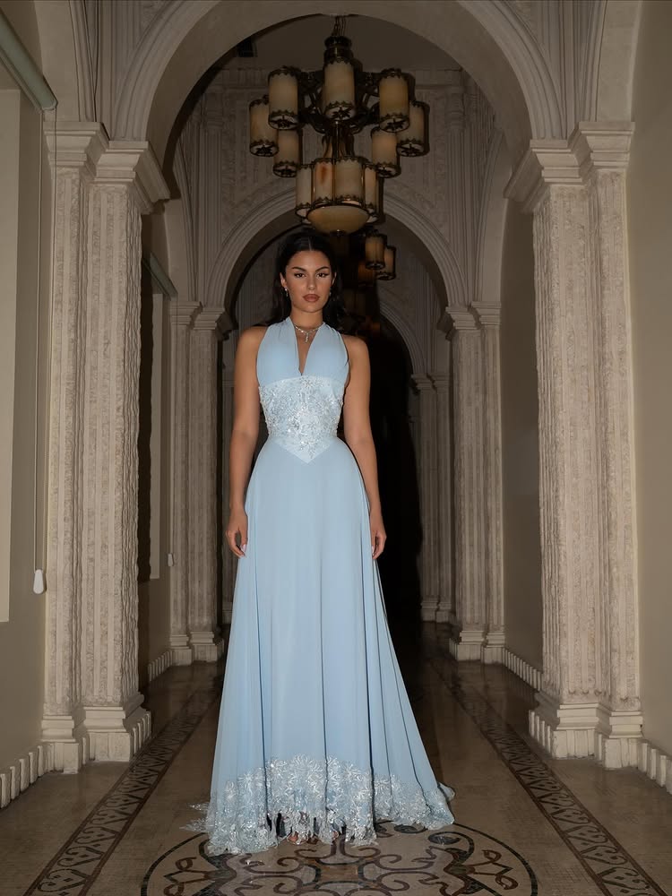 Fashion Blue Halter Sleeveless A-Line Applique Floor-Length Evening Dress