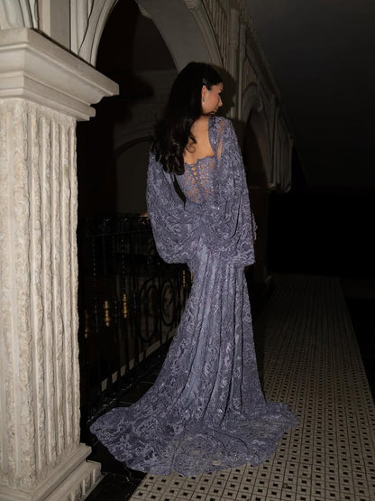 Elegant Purple V-Neck Cape Sleeve Lace Mermaid Floor-Length Evening Dress