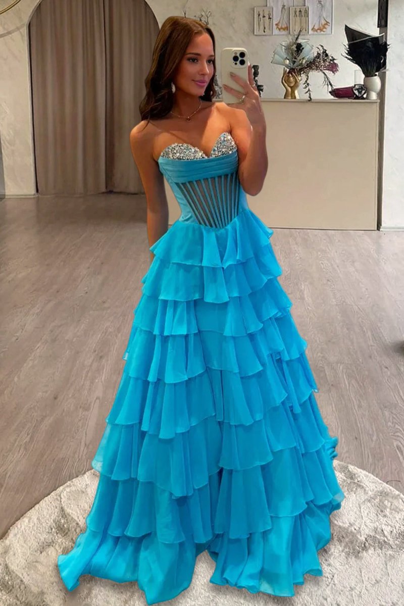 Strapless A Line Chiffon Ruffled Formal Prom Dresses With Beading